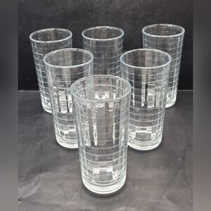 Vintage Set of 6 Pasabahce Optic Block Drinking Glasses Textured Grid Tumblers